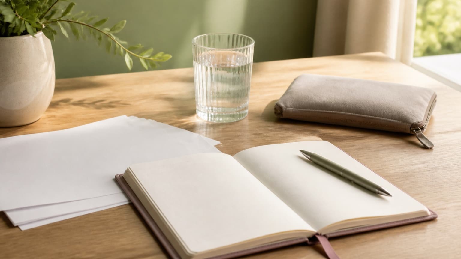 Caderno aberto, documentos, caneta, copo de água e estojo organizados para a primeira consulta médica