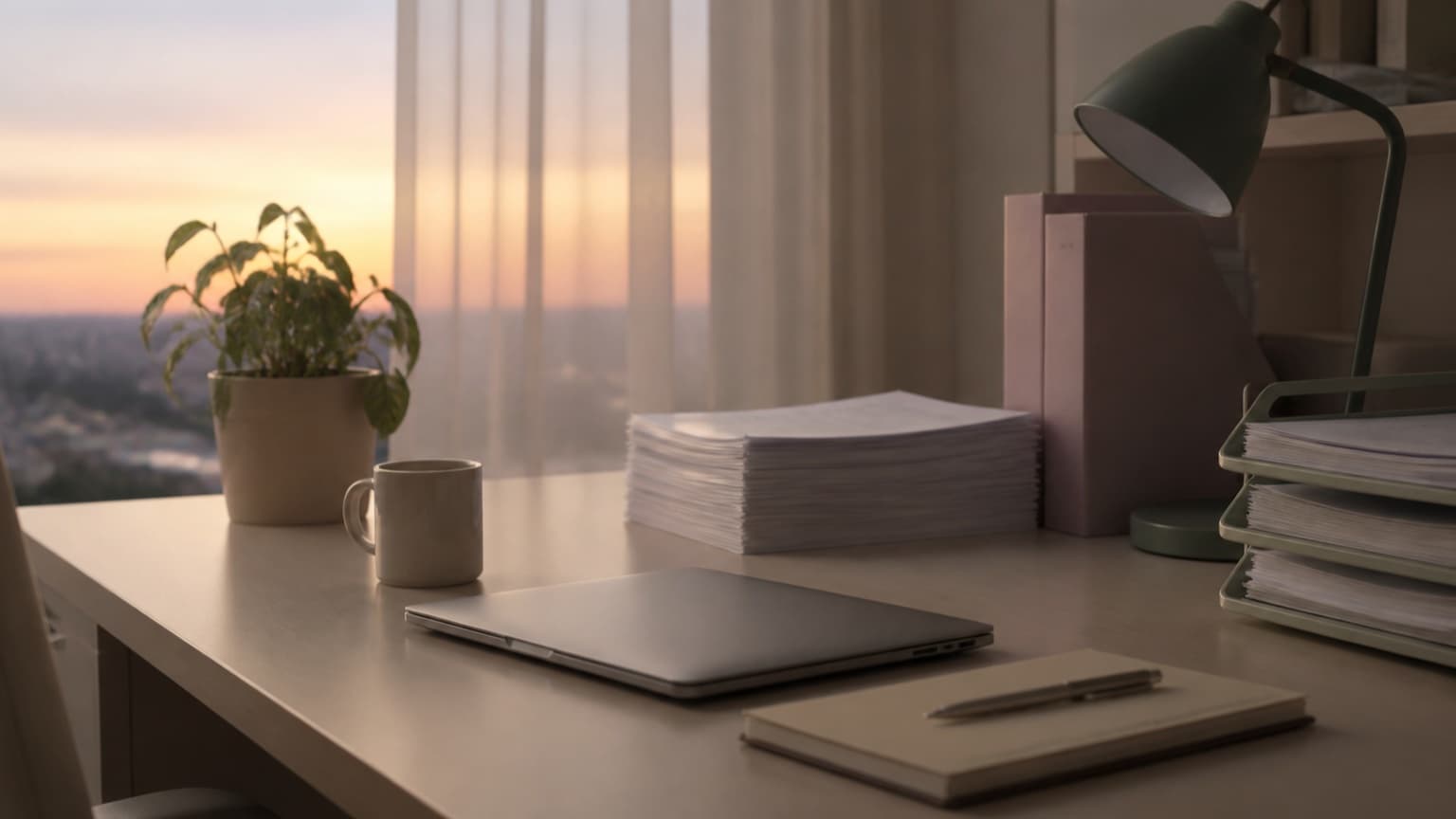 Mesa de trabalho sobrecarregada ao fim do dia com papéis, notebook fechado, luminária apagada e planta