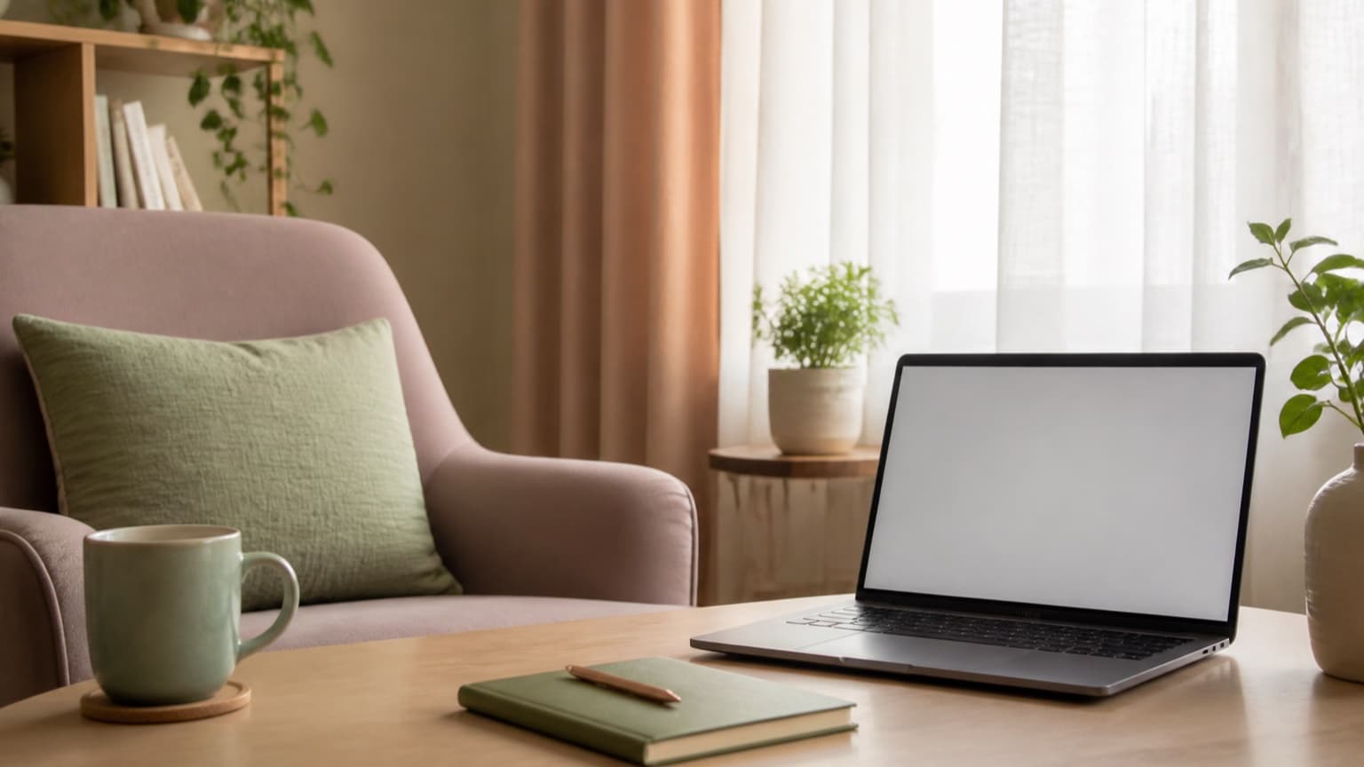 Notebook com tela neutra diante de poltrona confortável e caderno em ambiente reservado e acolhedor