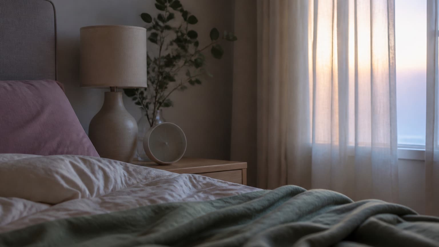 Quarto tranquilo ao amanhecer com cama, luminária apagada e relógio discreto sobre a mesa de cabeceira