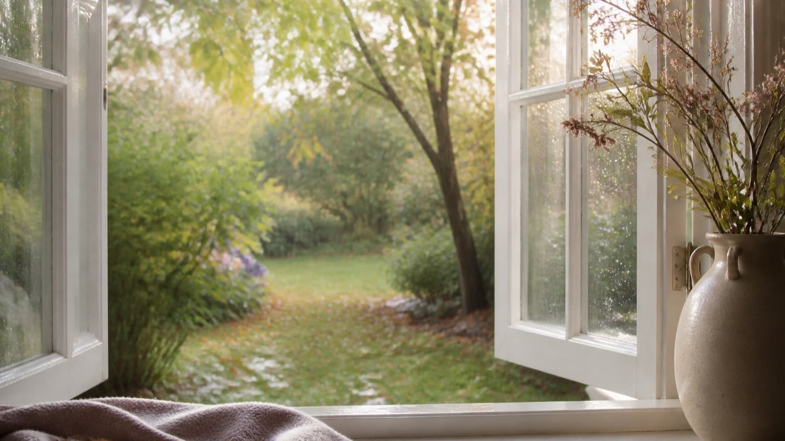 Janela aberta para um jardim com chuva leve e luz do sol, representando as transições naturais da vida