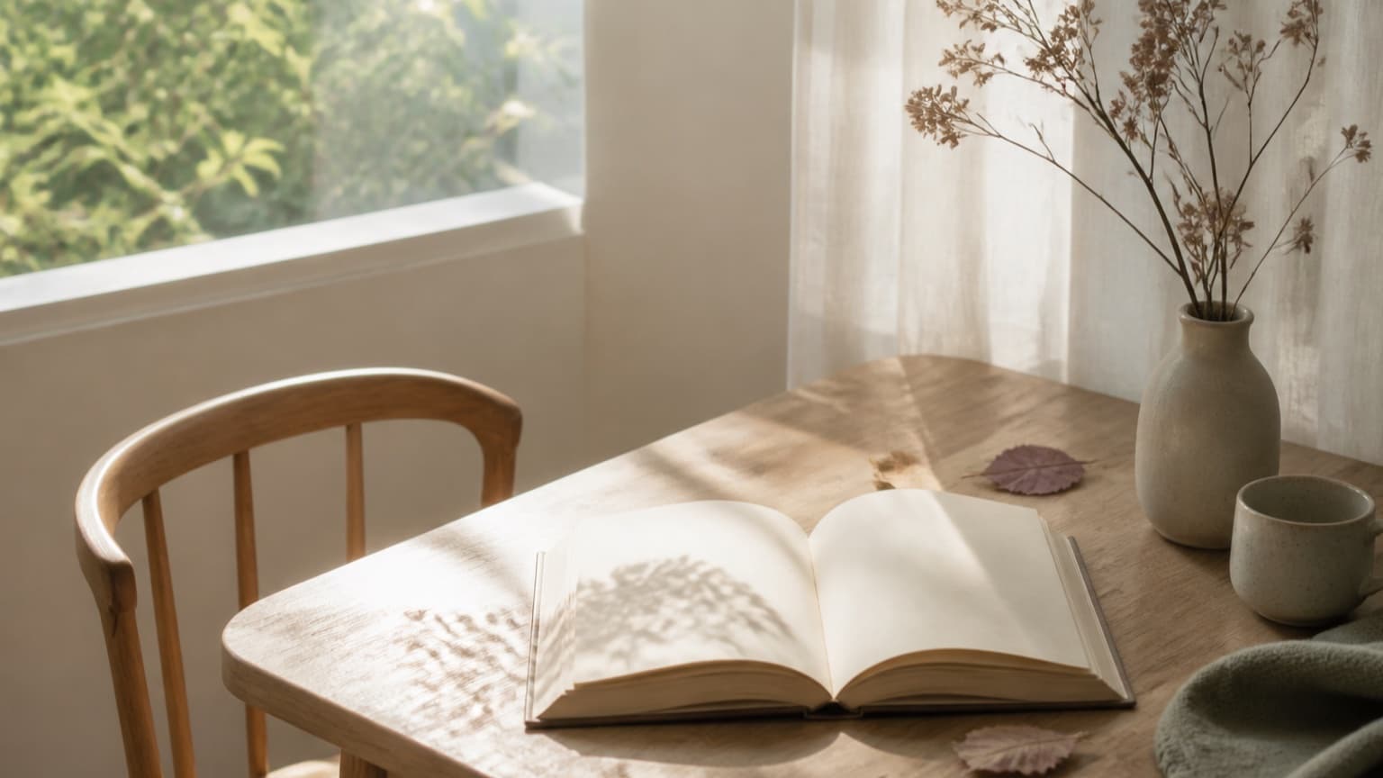 Cadeira vazia junto a uma mesa com livro aberto, folhas secas e luz suave entrando pela janela