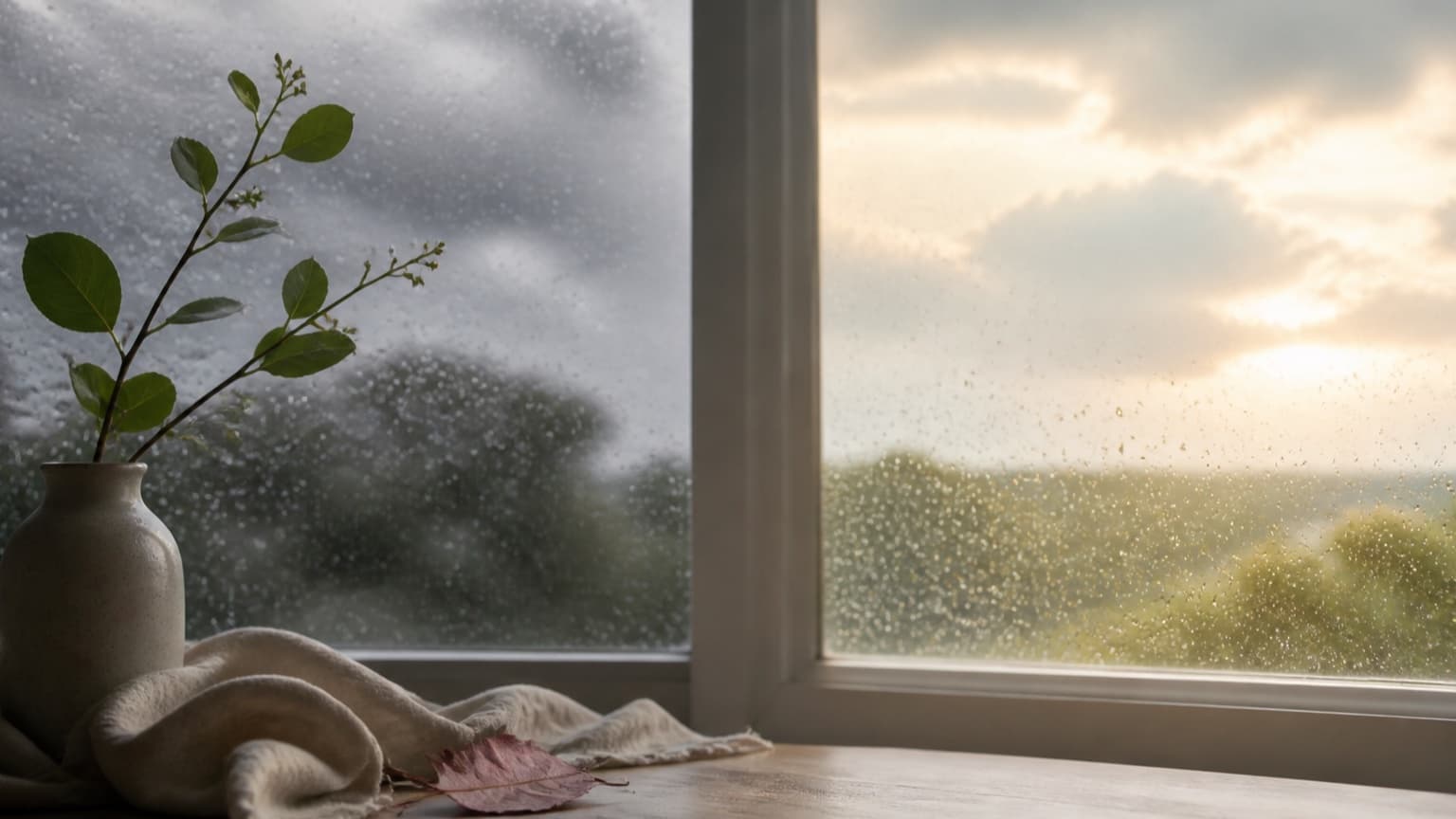 Janela com chuva e abertura de luz entre as nuvens, vaso com ramo verde e folha caída sobre a mesa